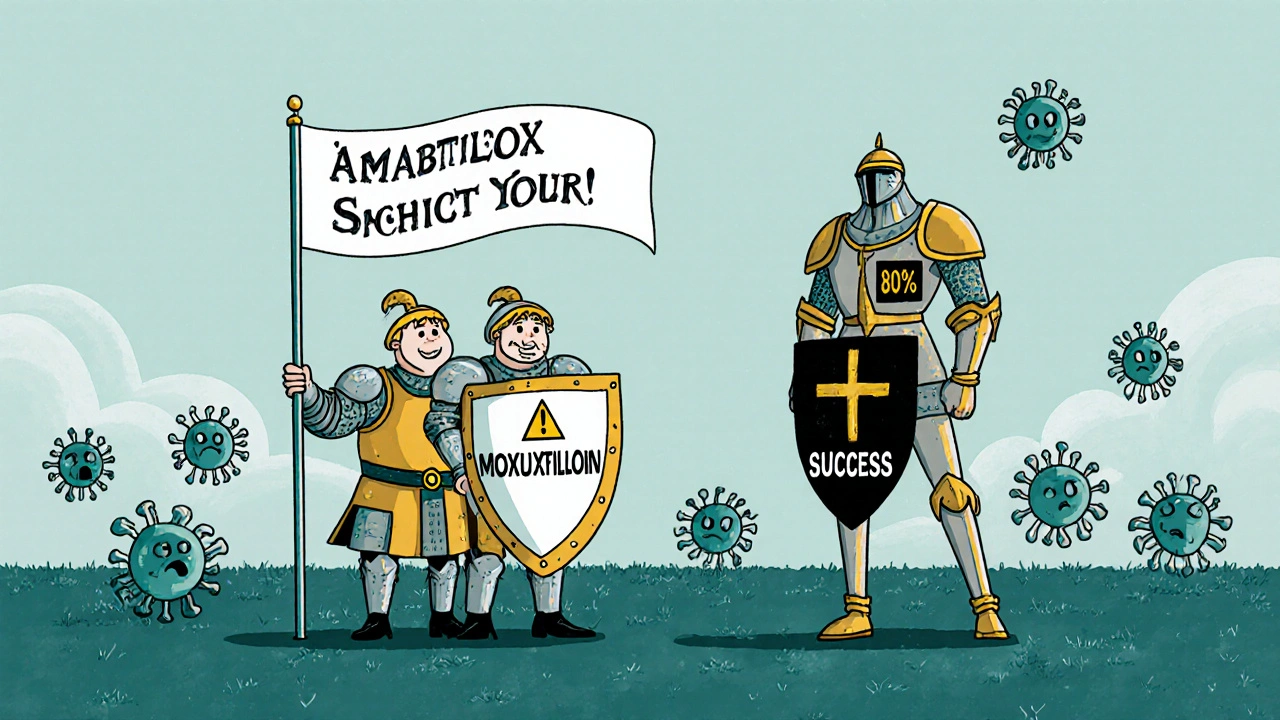 Cartoon comparison of antibiotics as warriors defeating resistant bacteria in a medical battlefield