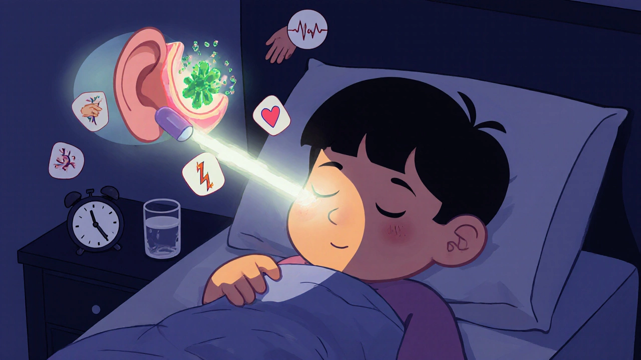 Child sleeping with glowing ear being treated by moxifloxacin, floating warning symbols around