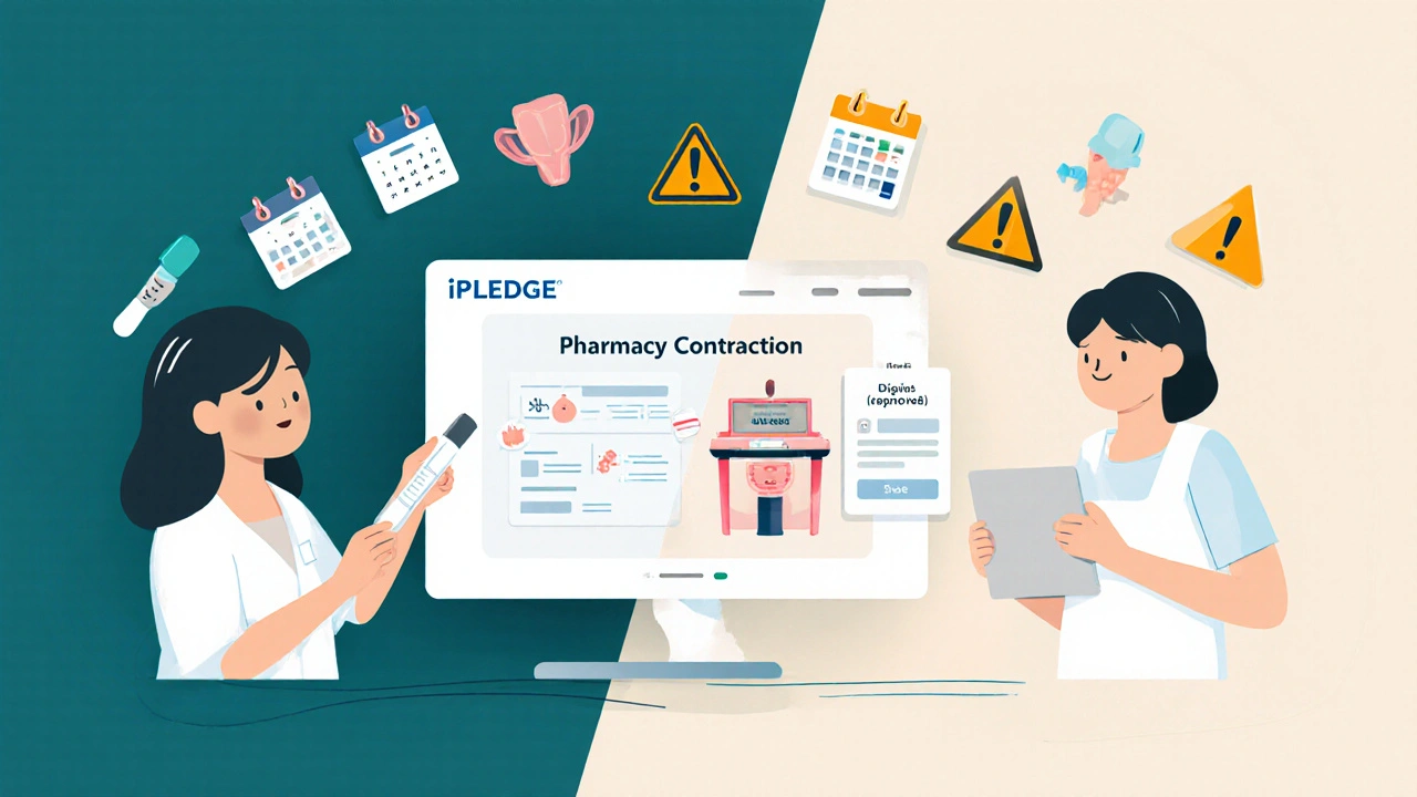 Dermatologist verifying iPLEDGE compliance using digital tools and home pregnancy test uploads.