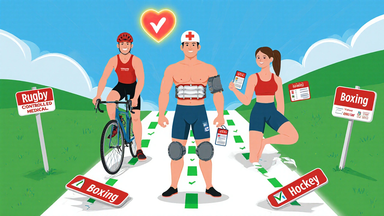 Diverse athletes in protective gear holding medical IDs, standing beside broken warning signs for high-risk sports.