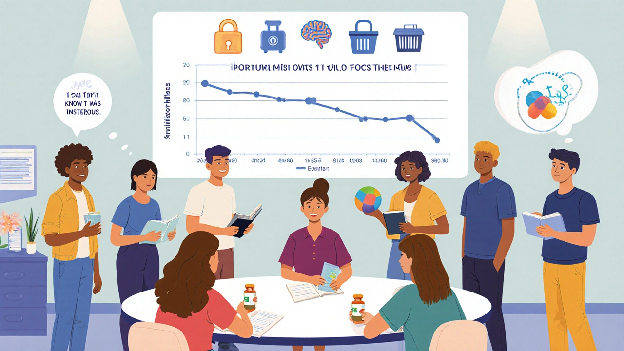 Diverse students talking with a counselor at a campus health center, with visual symbols showing reduced drug misuse and wellness alternatives.