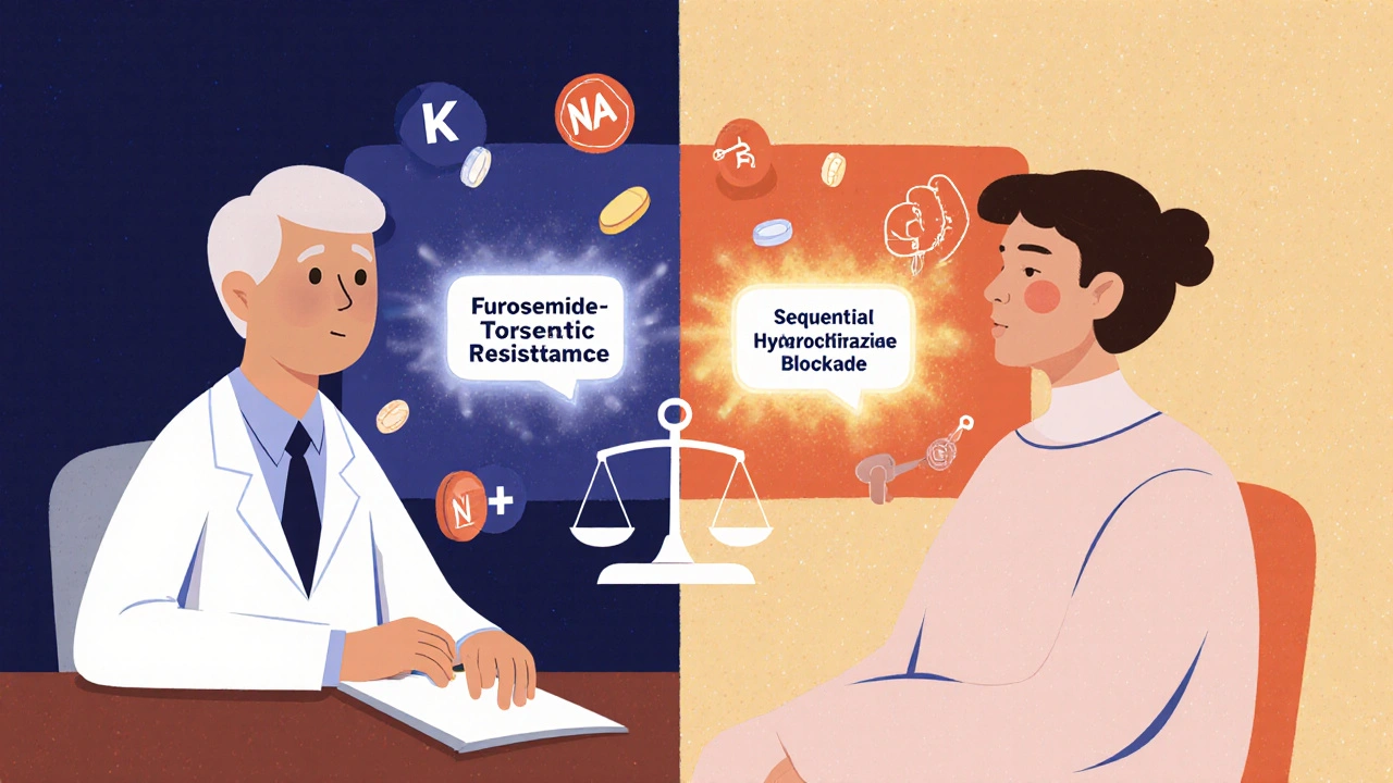 Doctor and patient discussing diuretic options with medical icons in background