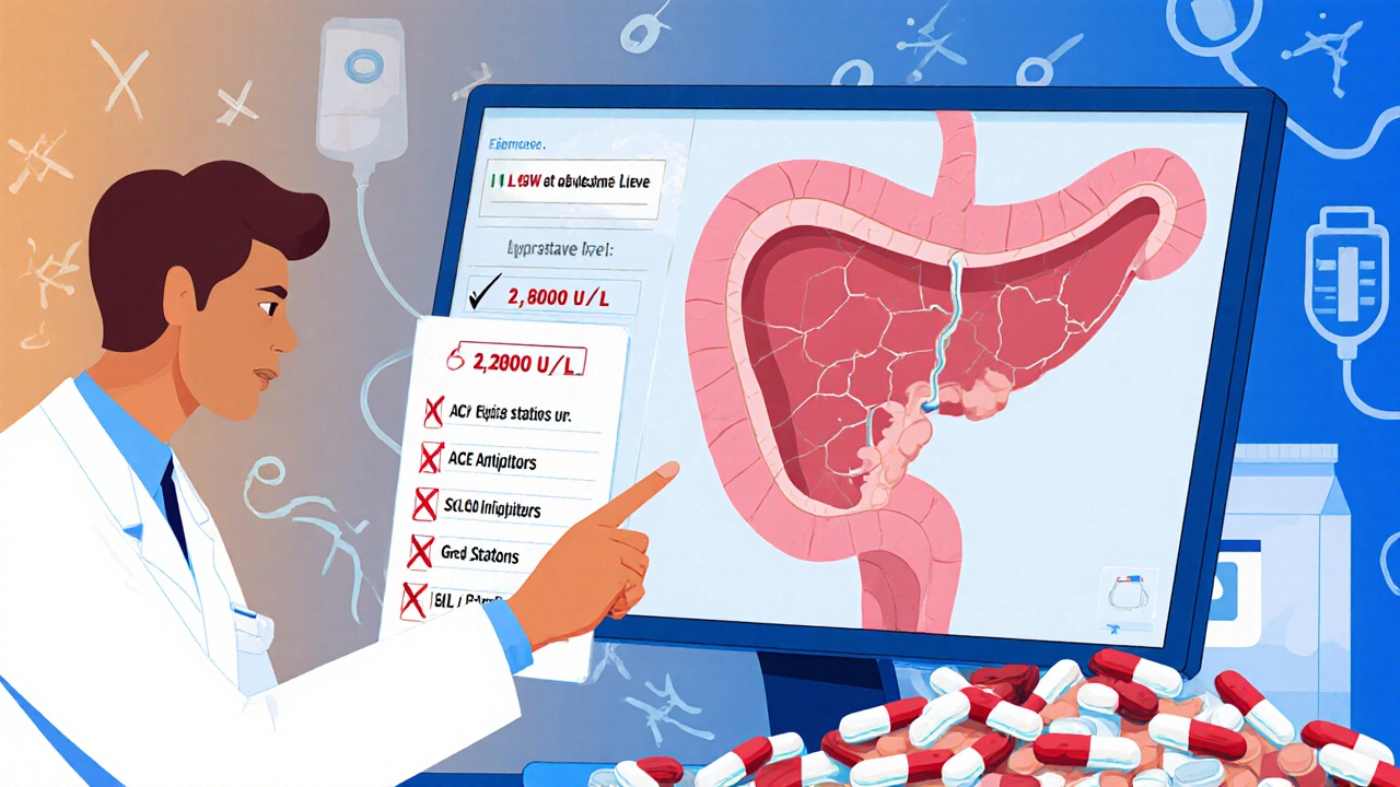 Doctor examining a cracked pancreas on a monitor with high lipase levels and flagged medications in the background.