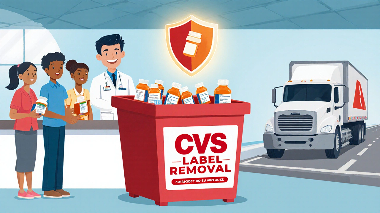 Empty pill bottles being dropped into pharmacy label removal bin with secure destruction symbol.