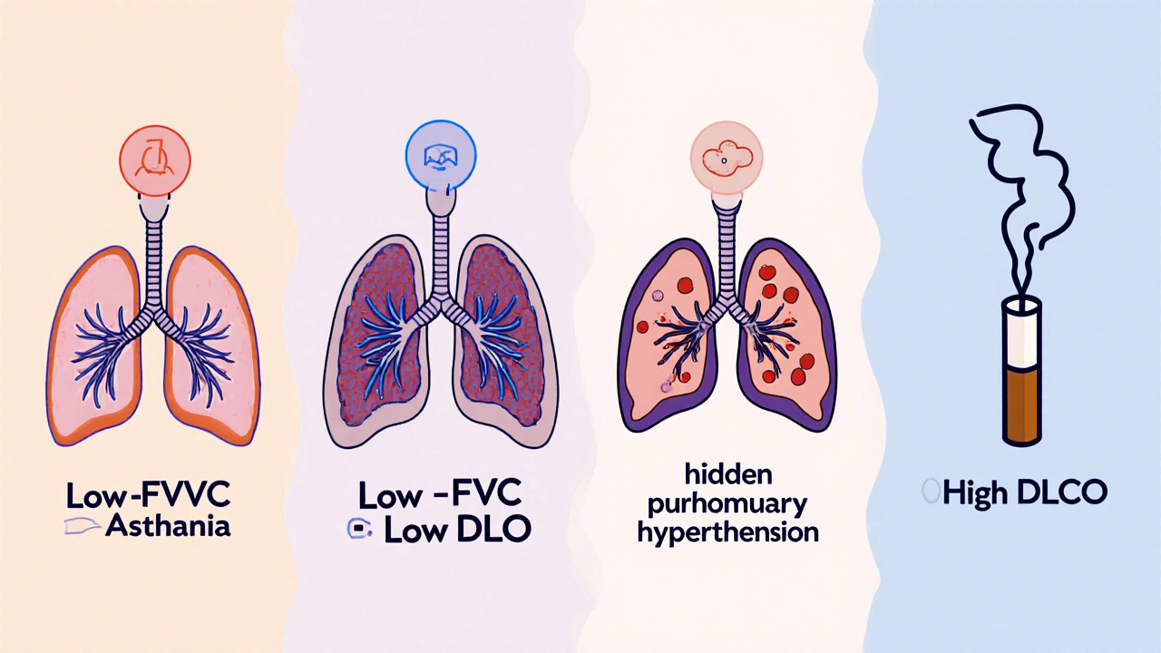 Four side-by-side illustrations showing different lung test patterns: obstruction, fibrosis, hidden disease, and smoking effect.