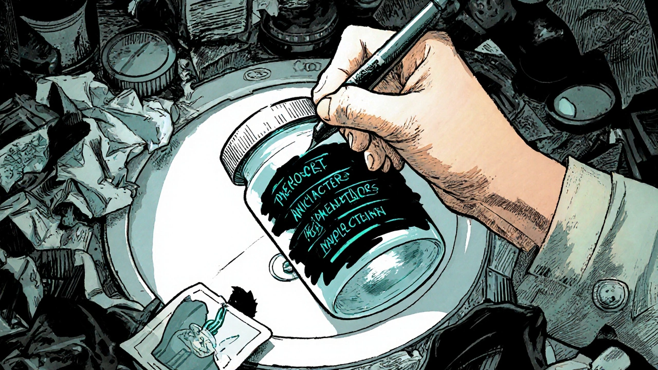 Hand marking prescription bottle with three layers of black marker, faint text visible under light.