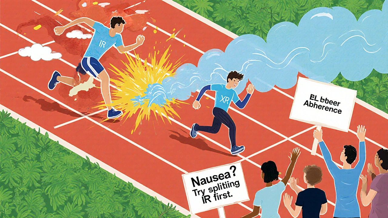Metformin pills racing on a track: IR causes chaos, XR brings calm, symbolizing better patient adherence and fewer side effects.