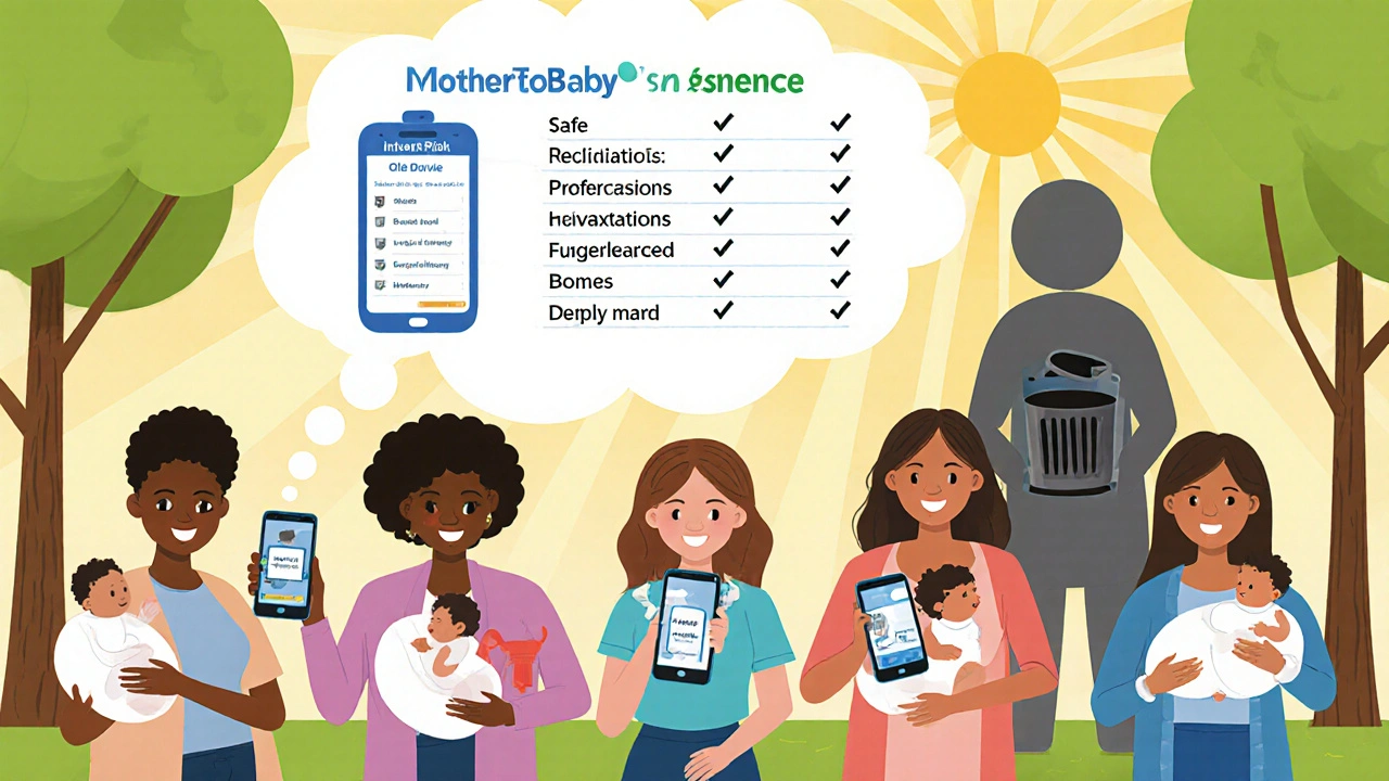 Mothers confidently using apps to verify medication safety while breastfeeding in a park.
