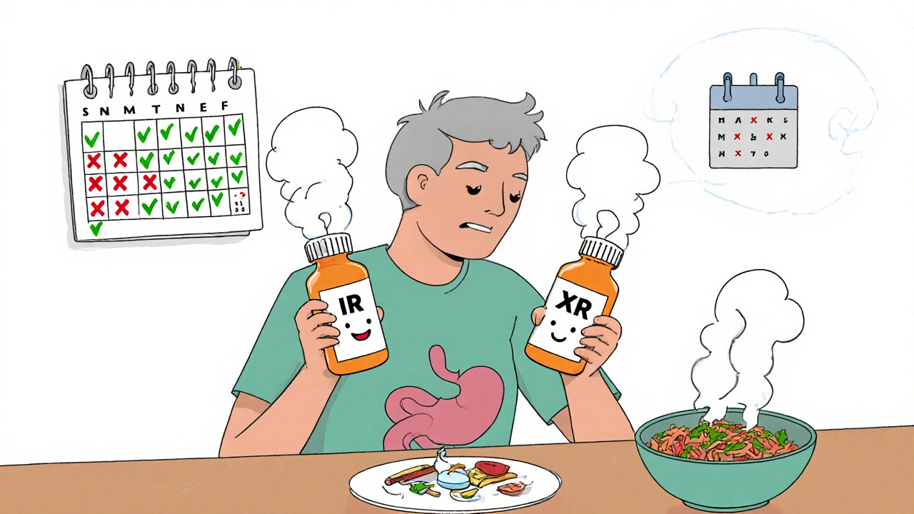 Patient comparing IR and XR metformin pills at dinner table, with visual symbols of side effects and improved tolerance.