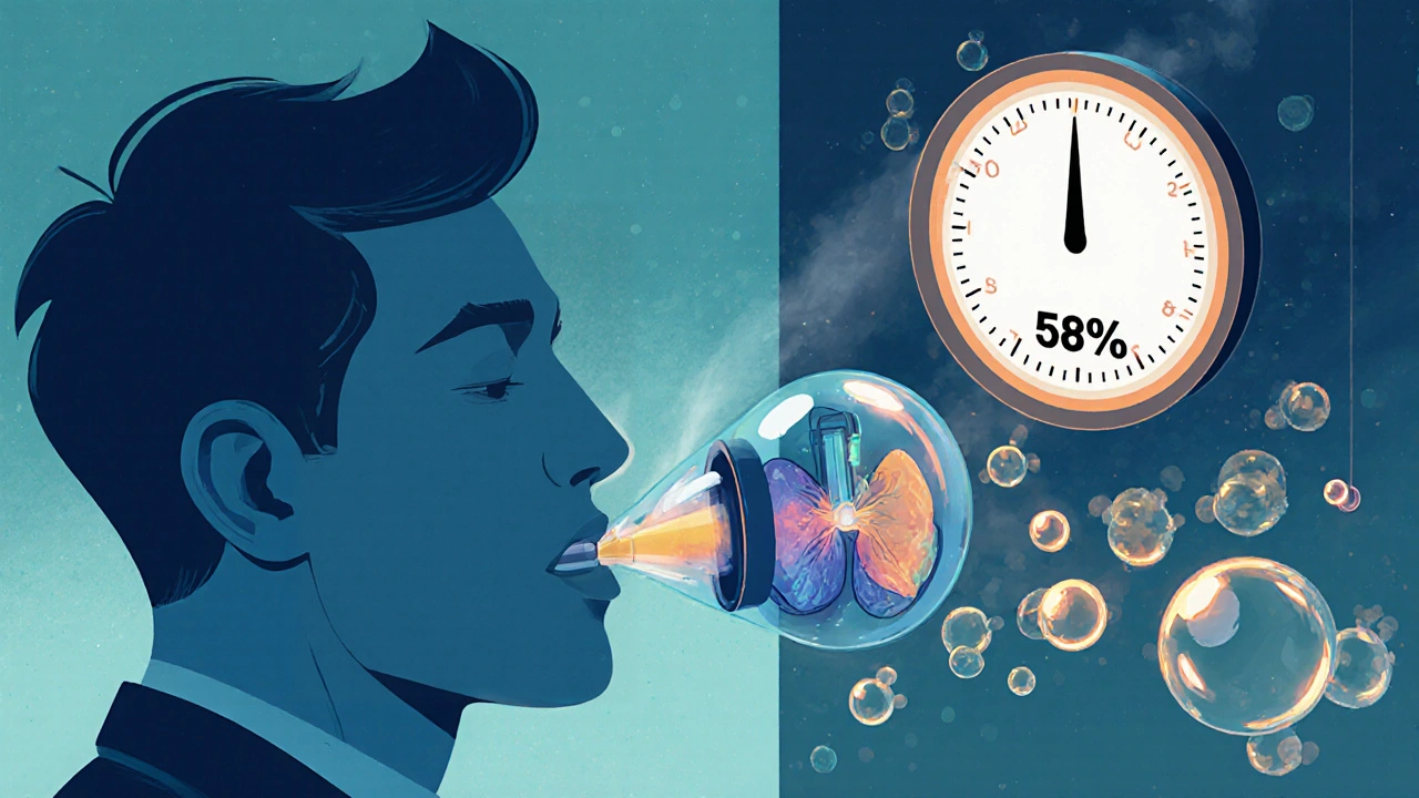 Person holding breath while oxygen molecules transfer from lungs to blood, with low DLCO reading visible.