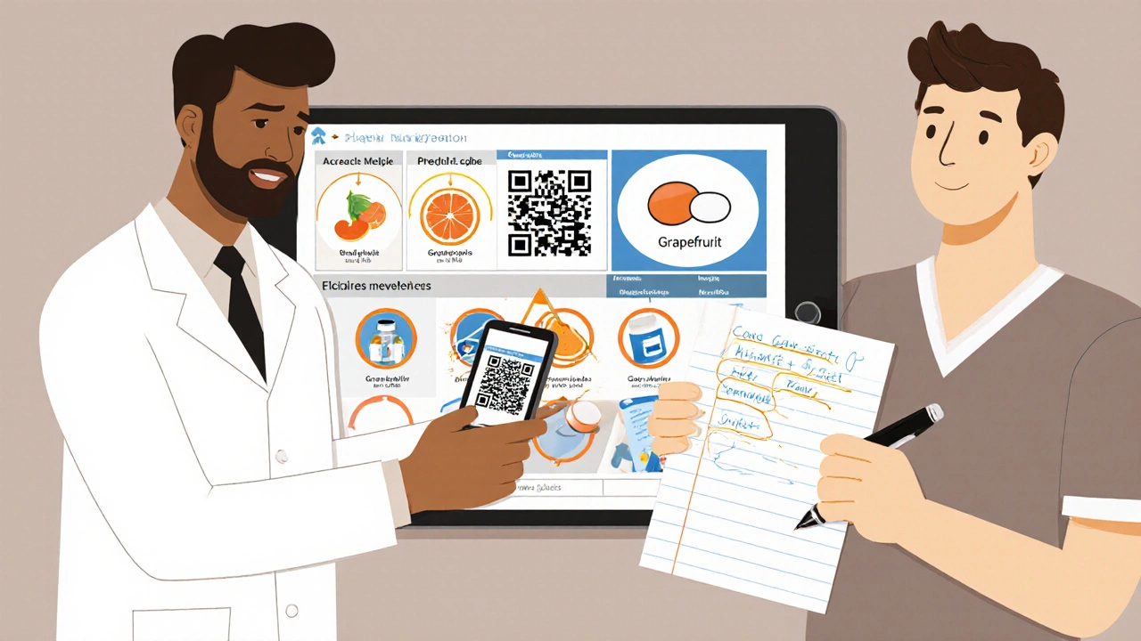 Pharmacist and patient reviewing a digital medication guide with QR code and interacting substance icons.
