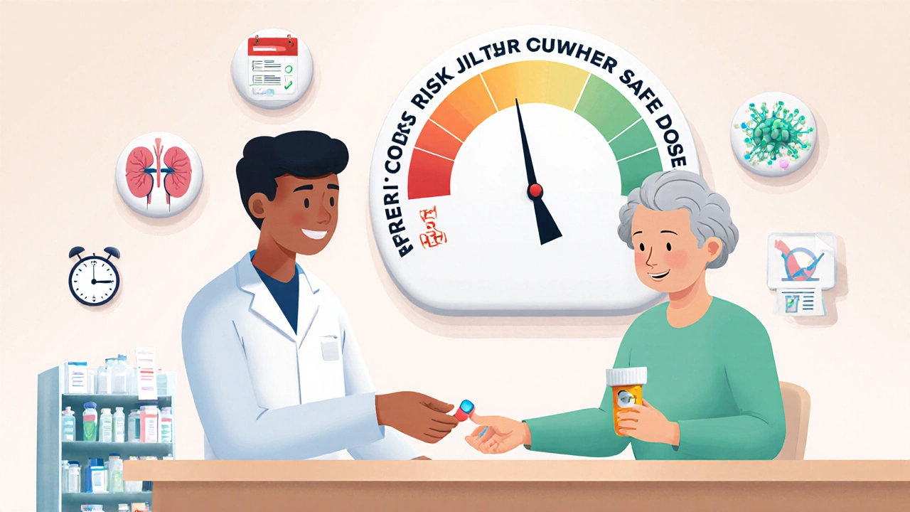 Pharmacist giving a reduced pill dose to an older woman, with visual indicators of safe dosing.