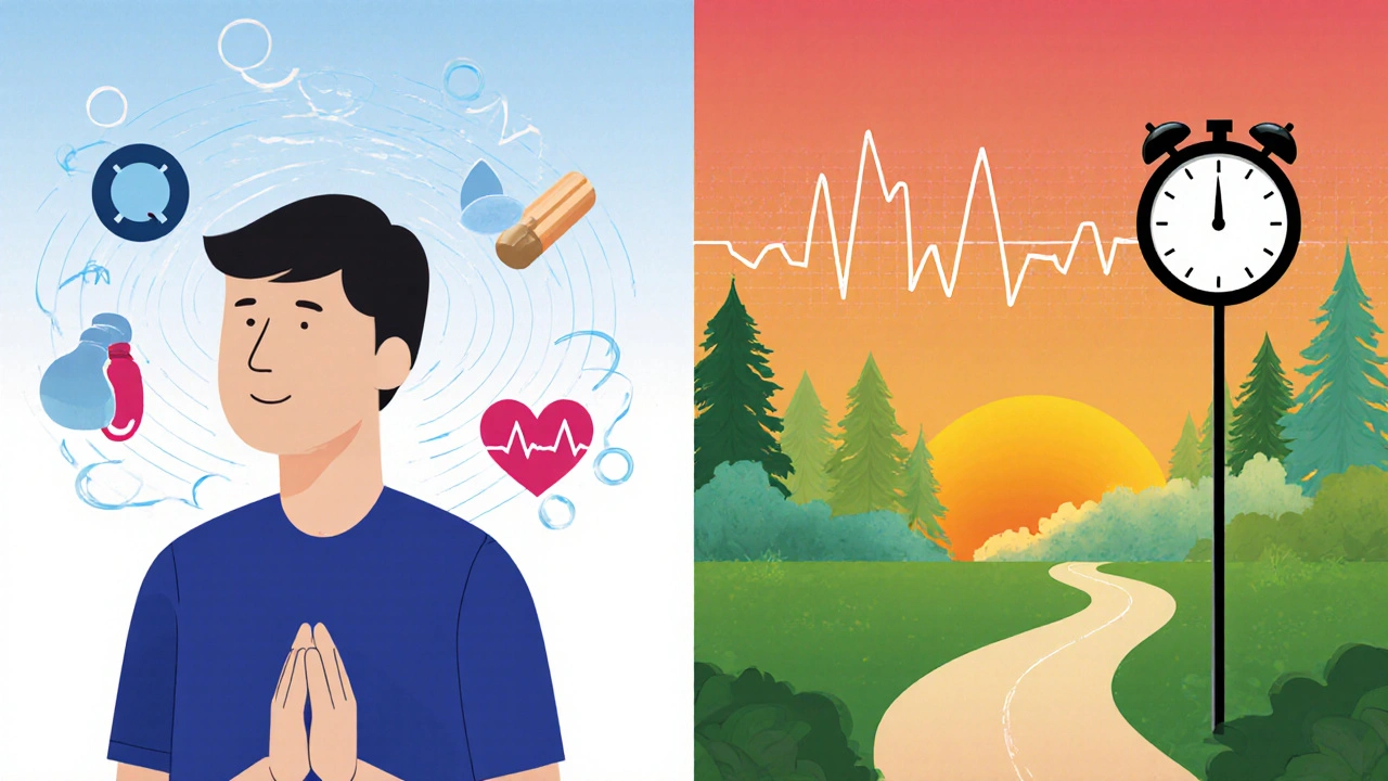 Side-by-side comparison of medication side effects versus mindfulness calm and resilience.