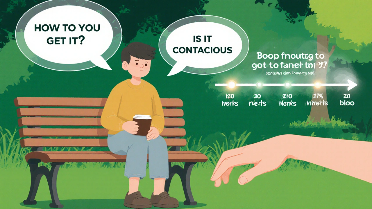 Someone on a park bench with judgmental speech bubbles above, while a timeline shows the virus fading from their blood.