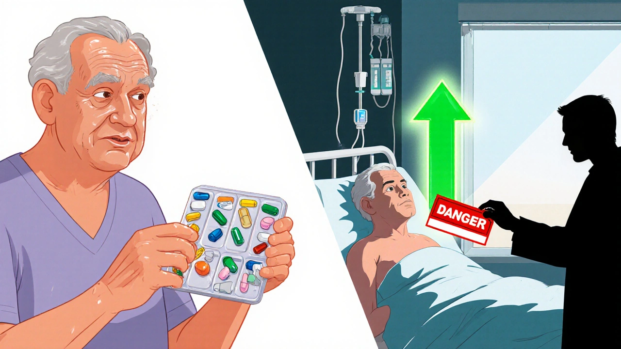 Split scene: elderly patient with multiple pills on left, recovering in hospital with healing pancreas on right.