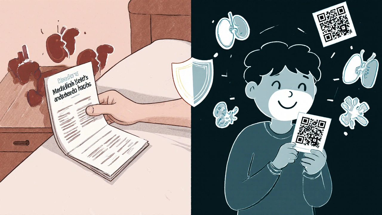 Split scene: ignoring medication guide vs. reading it safely, with danger symbols fading into protection.