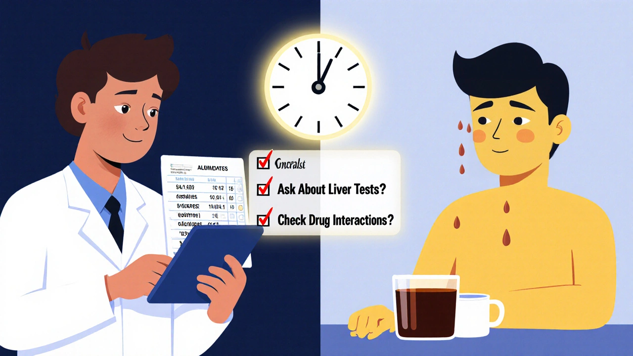 Split scene of doctor reviewing liver tests and patient ignoring symptoms, with checklist guiding safe use of antifungals.