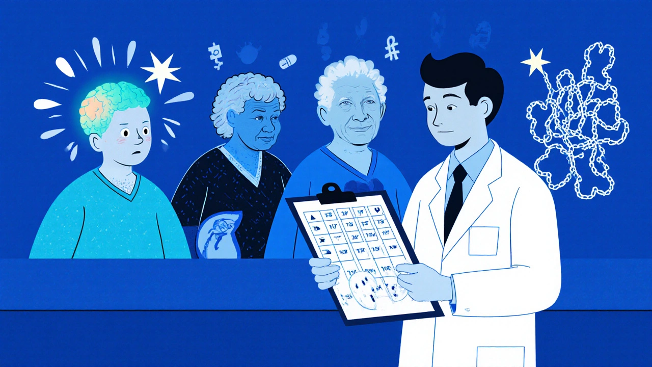 Three elderly patients reacting negatively to the same medication dose, with symbolic health risks.