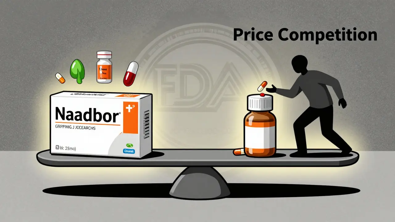 A balanced scale showing brand and authorized generic drugs, with patient health icons above.