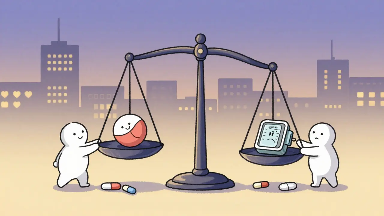 A balanced scale weighing venlafaxine against blood pressure risks, with alternative medications supporting safety.