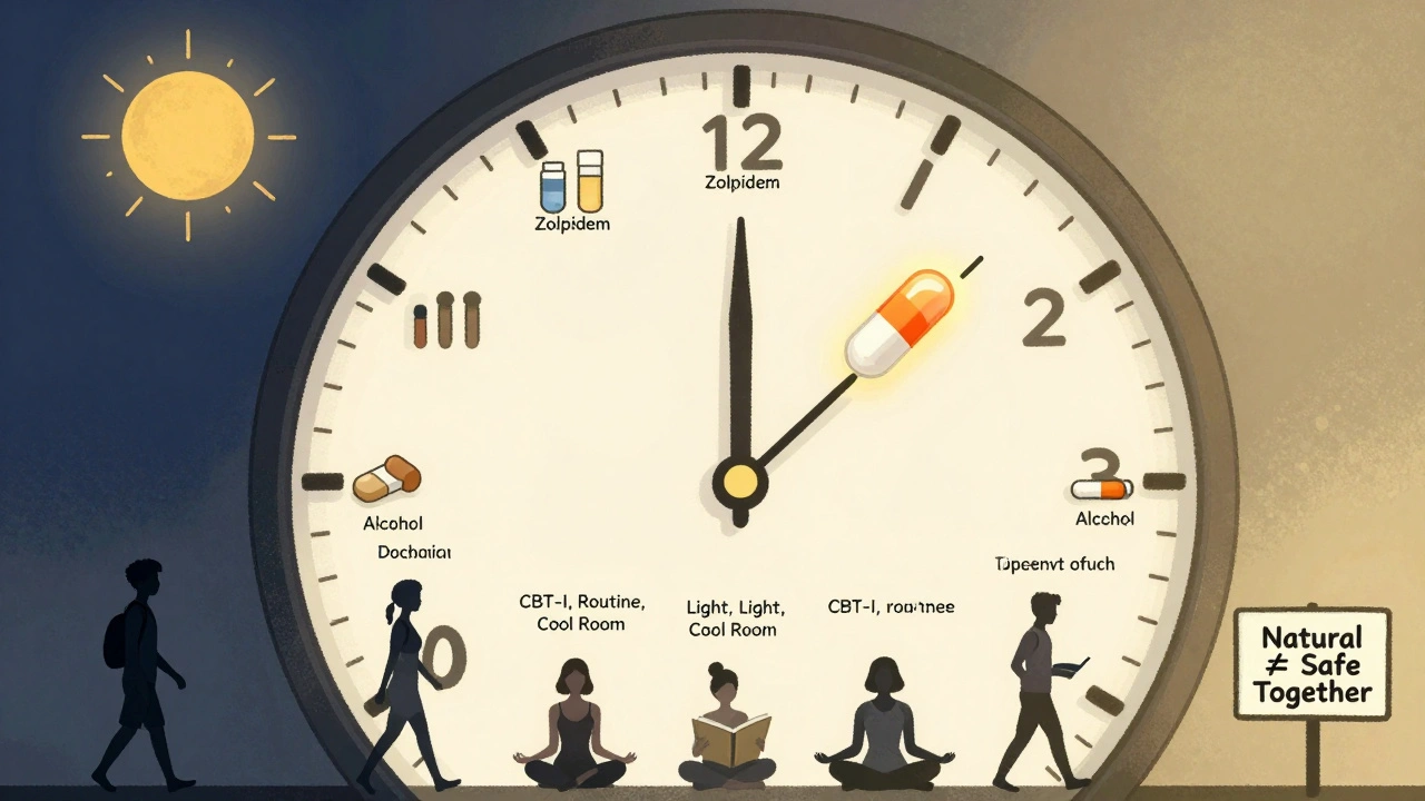 A clock with sedatives as hour markers turning into a melatonin capsule, behind it people practicing healthy sleep habits.