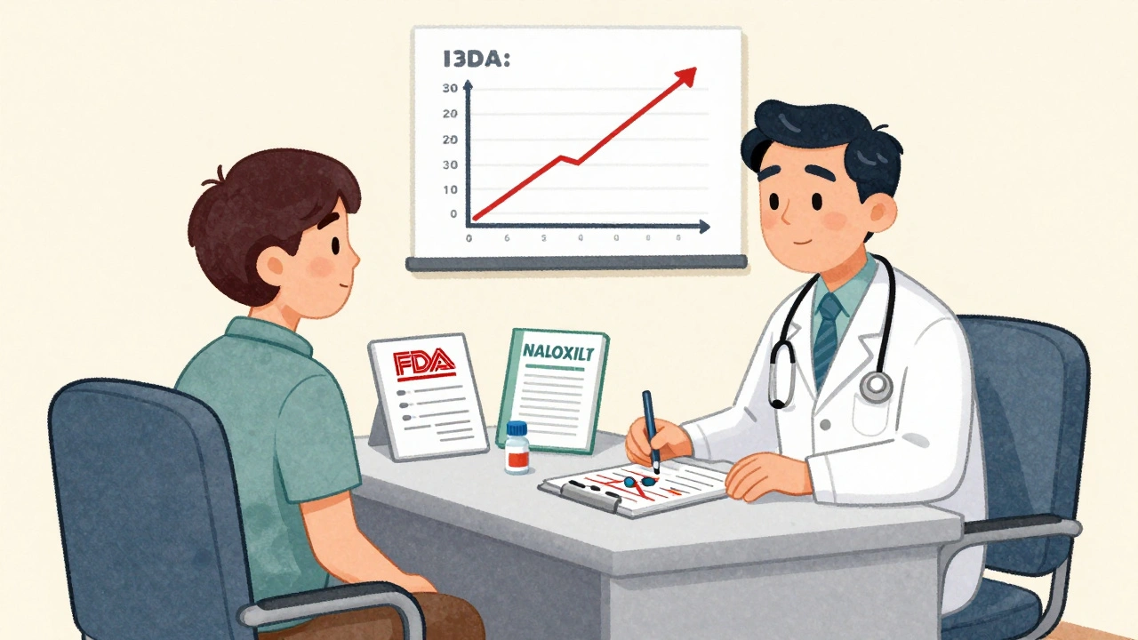 A doctor&#039;s desk with a warning stamp, crossed-out prescriptions, and naloxone beside a therapy workbook.