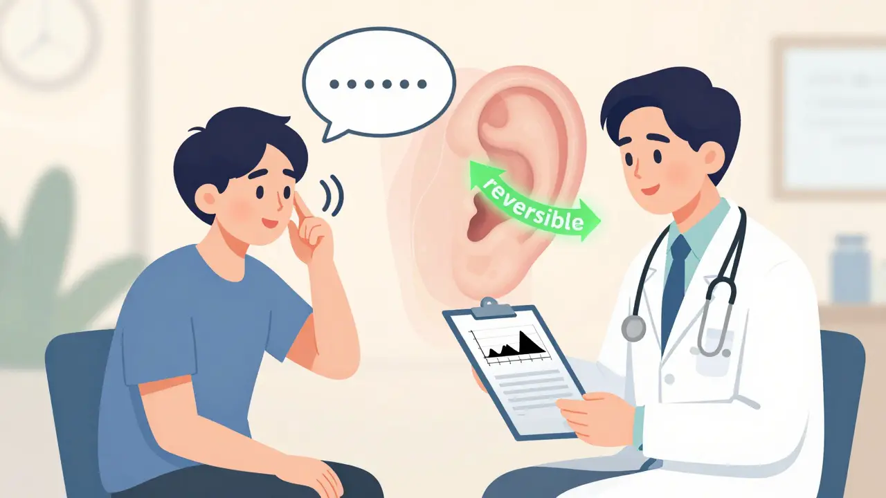 A doctor and patient discussing tinnitus with an audiogram and alternative medication options visible.