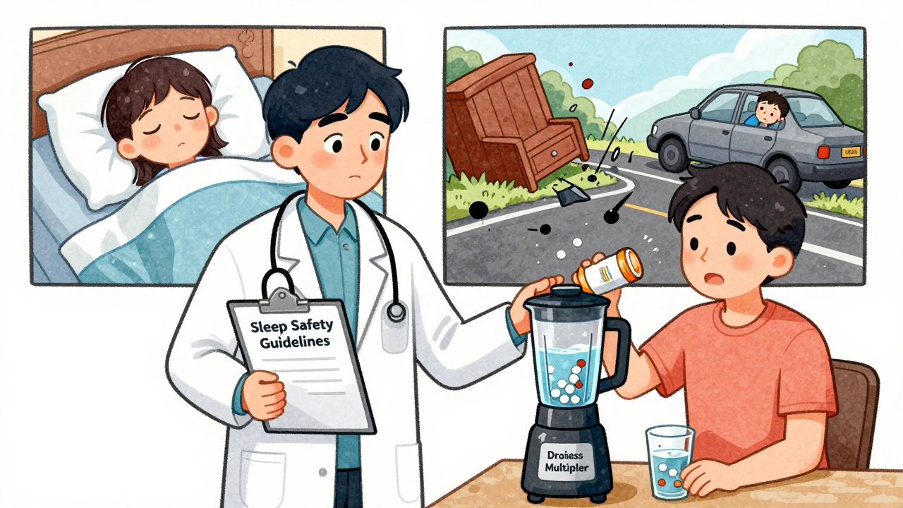 A doctor stops a patient from blending melatonin with sedatives, split scene shows safe vs. dangerous outcomes.