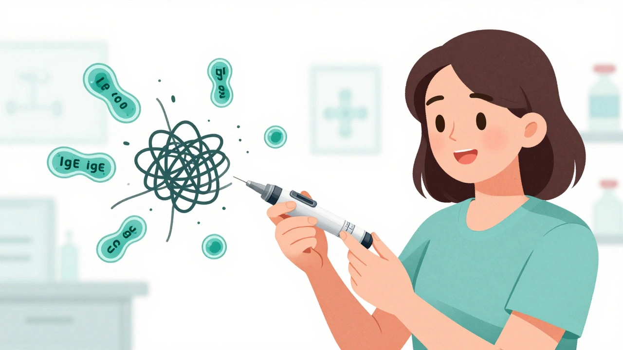 A patient giving themselves a biologic injection with an auto-injector pen, surrounded by symbols of immune system control.