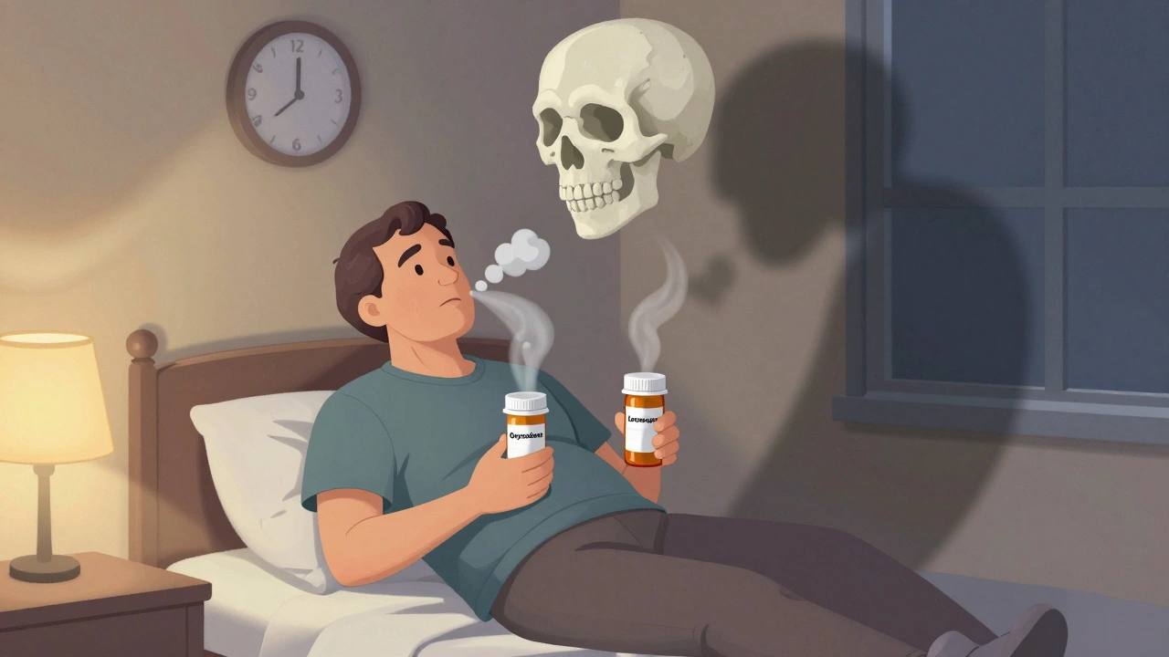 A patient holding prescription bottles as breath shadows form a skull above them.