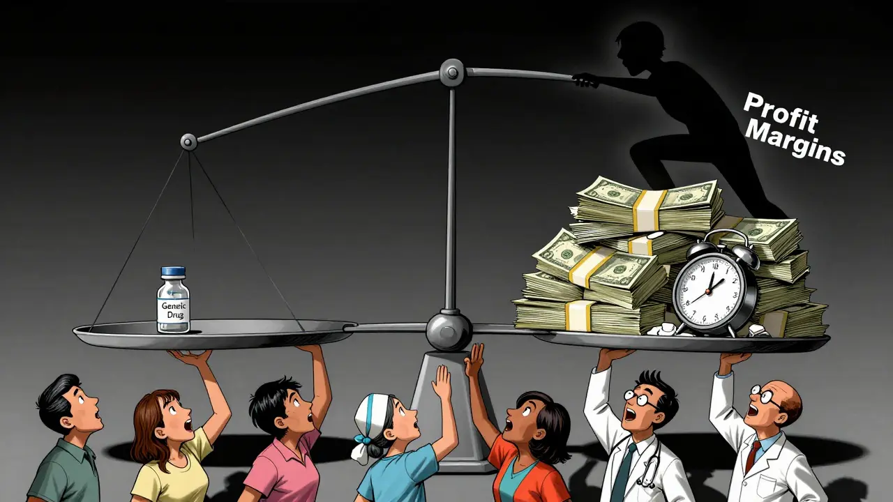 A scale tipping under the weight of low drug profits, with patients and healthcare workers struggling to reach lifesaving meds.