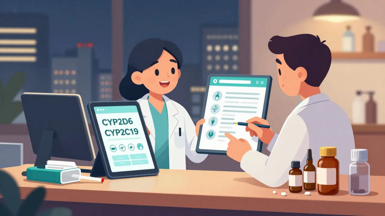 An AI assistant and pharmacist review genetic data and pill compatibility on a screen with cheek swab kit nearby.