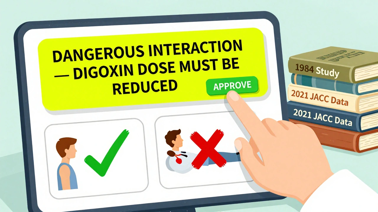 An EHR screen flashing a warning alert as a doctor hesitates to approve a dangerous drug combo.