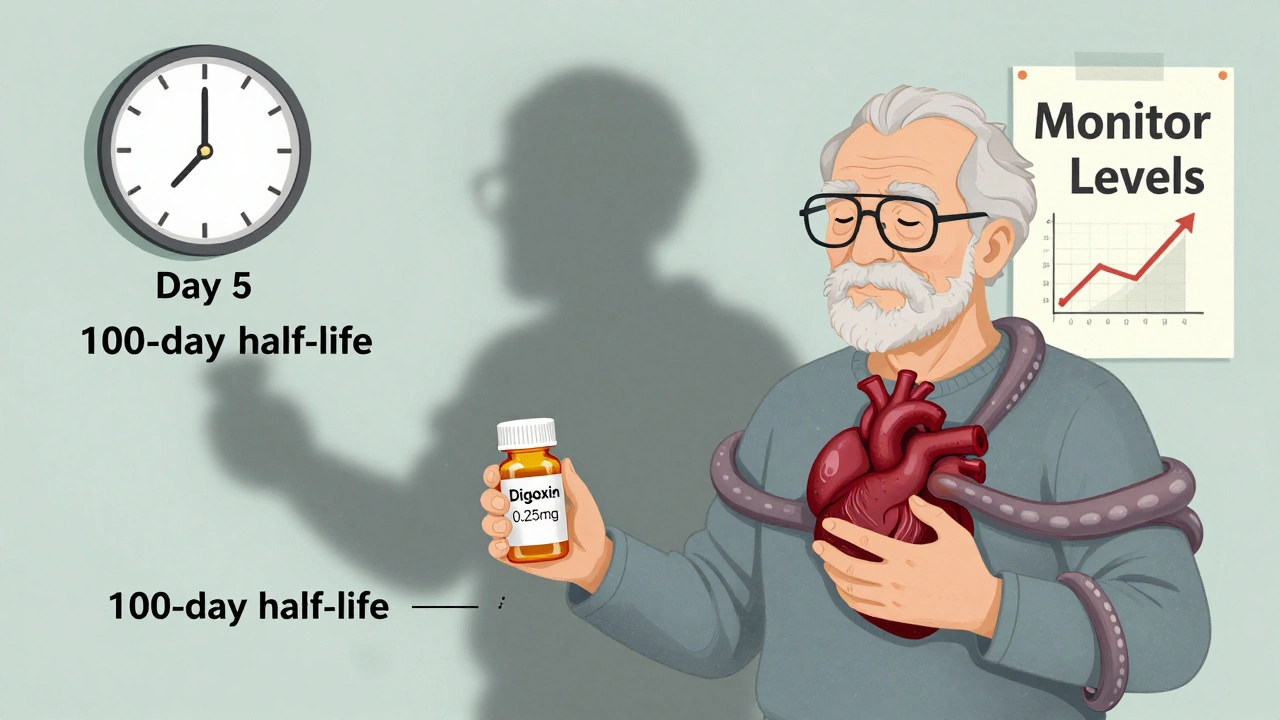 An elderly patient with a digoxin pill bottle, surrounded by a tentacled amiodarone molecule squeezing their heart.