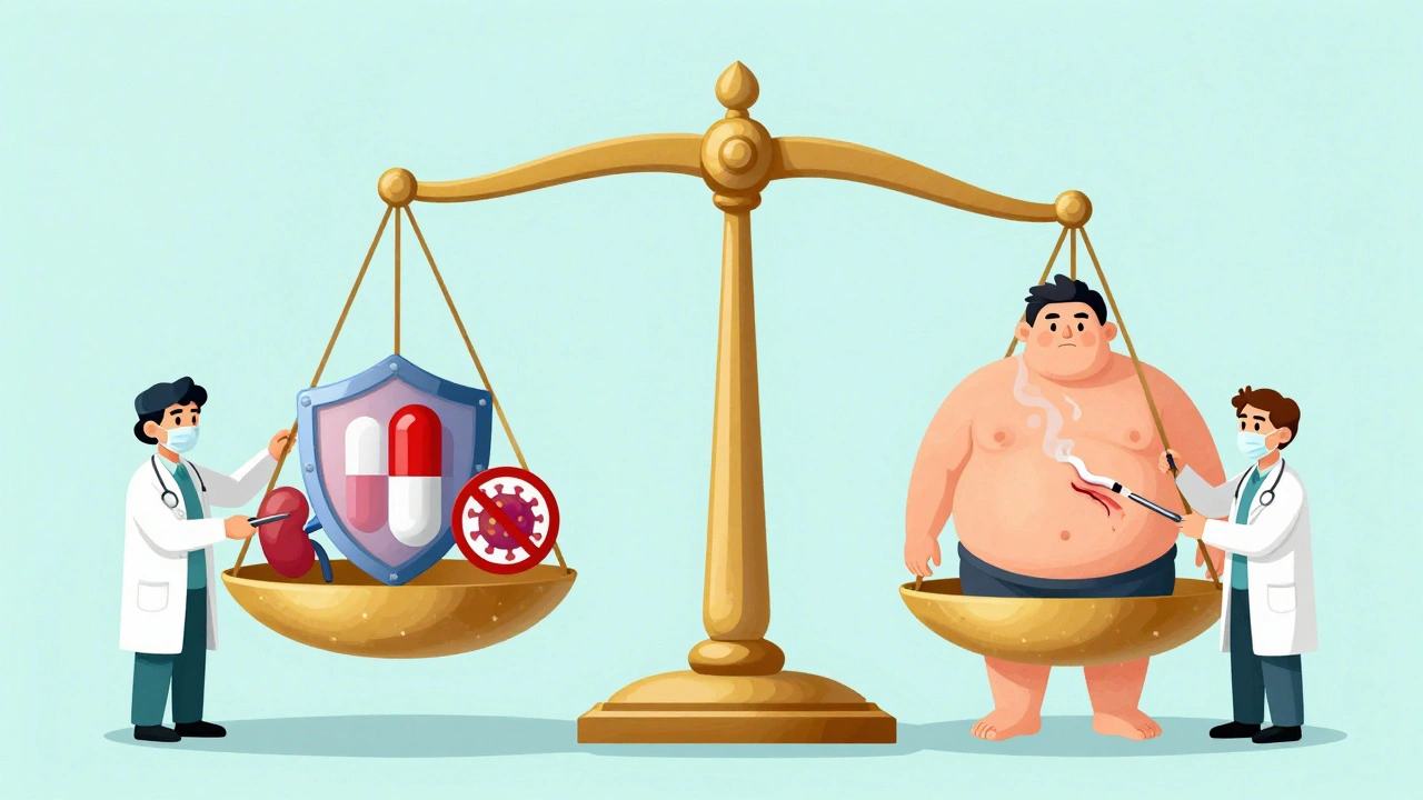 Balanced scale weighing sirolimus benefits (cancer protection, kidney safety) against wound healing risks.