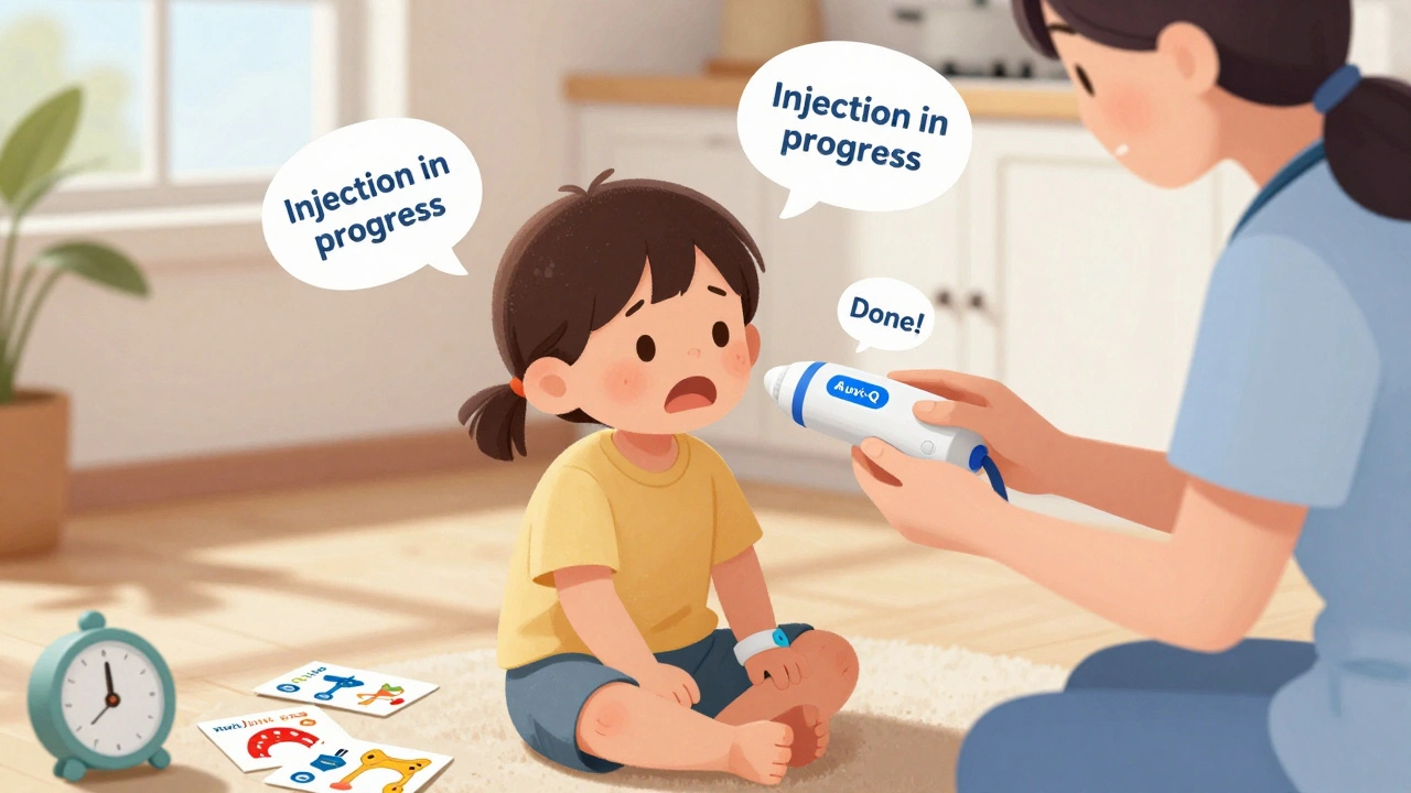 Caregiver using voice-guided Auvi-Q on child during anaphylaxis reaction.