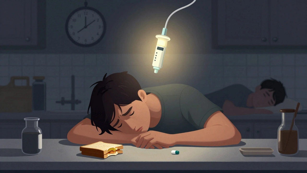 Confused person at counter with glucagon device glowing above them, nighttime scene in background.