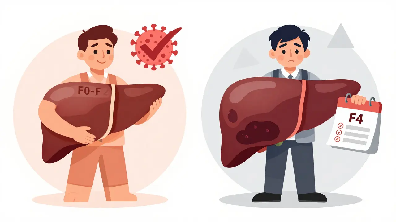 Contrasting images of healthy and cirrhotic livers with ultrasound reminders, showing different post-SVR risk levels.