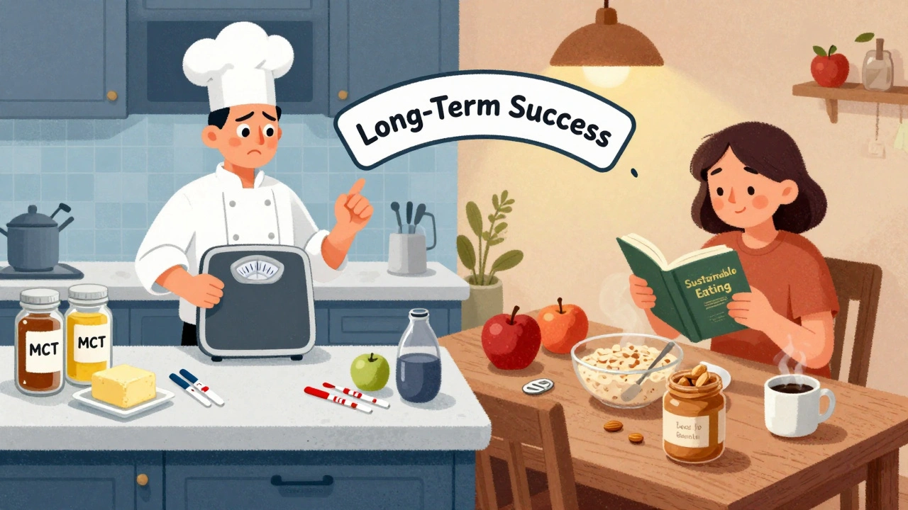 Contrasting kitchen counters: one sterile and clinical for keto, the other warm and inviting for Atkins.