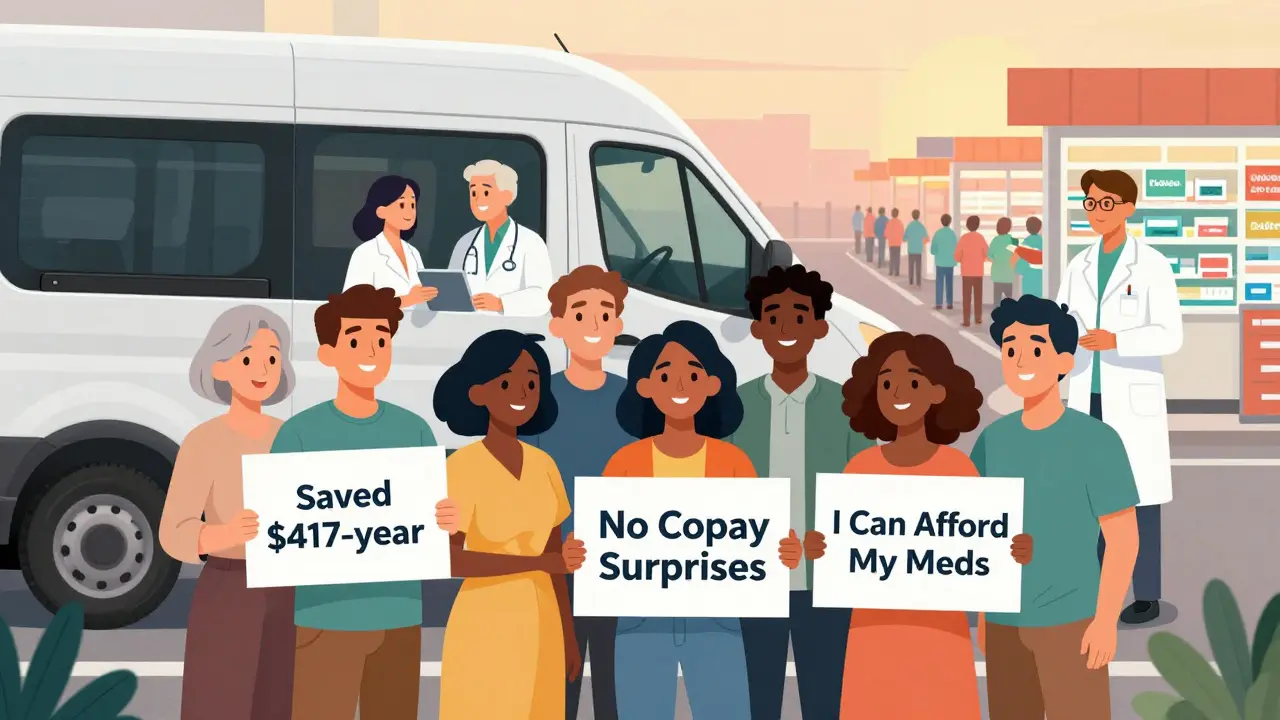 Diverse group celebrates affordable medication access, with pharmacist offering support via digital chat.