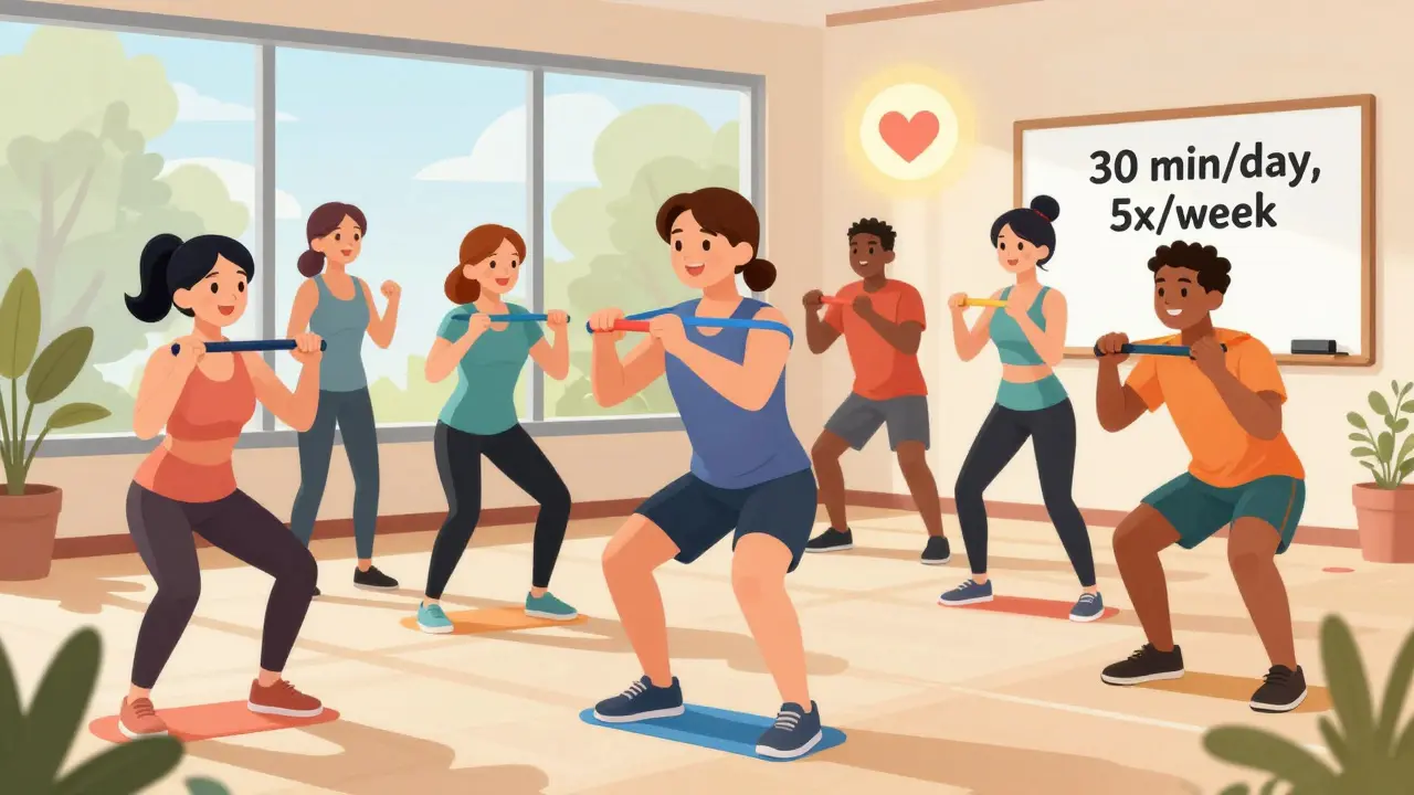 Diverse group exercising with resistance bands in community center, supporting each other.