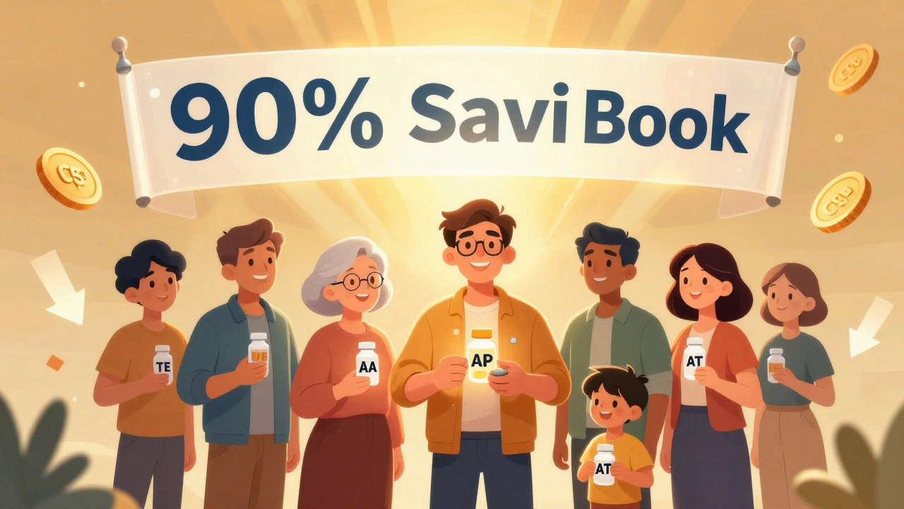 Diverse people holding medications with TE codes under savings banner and orange book