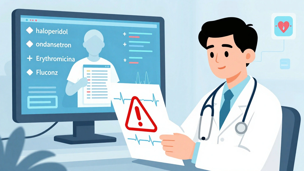 Doctor reviewing ECG with digital alerts for dangerous drug combinations in a hospital setting.