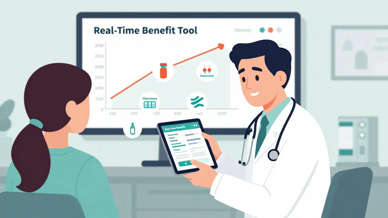 Doctor showing patient a digital tool that displays drug costs and insurance tiers in a clinic.