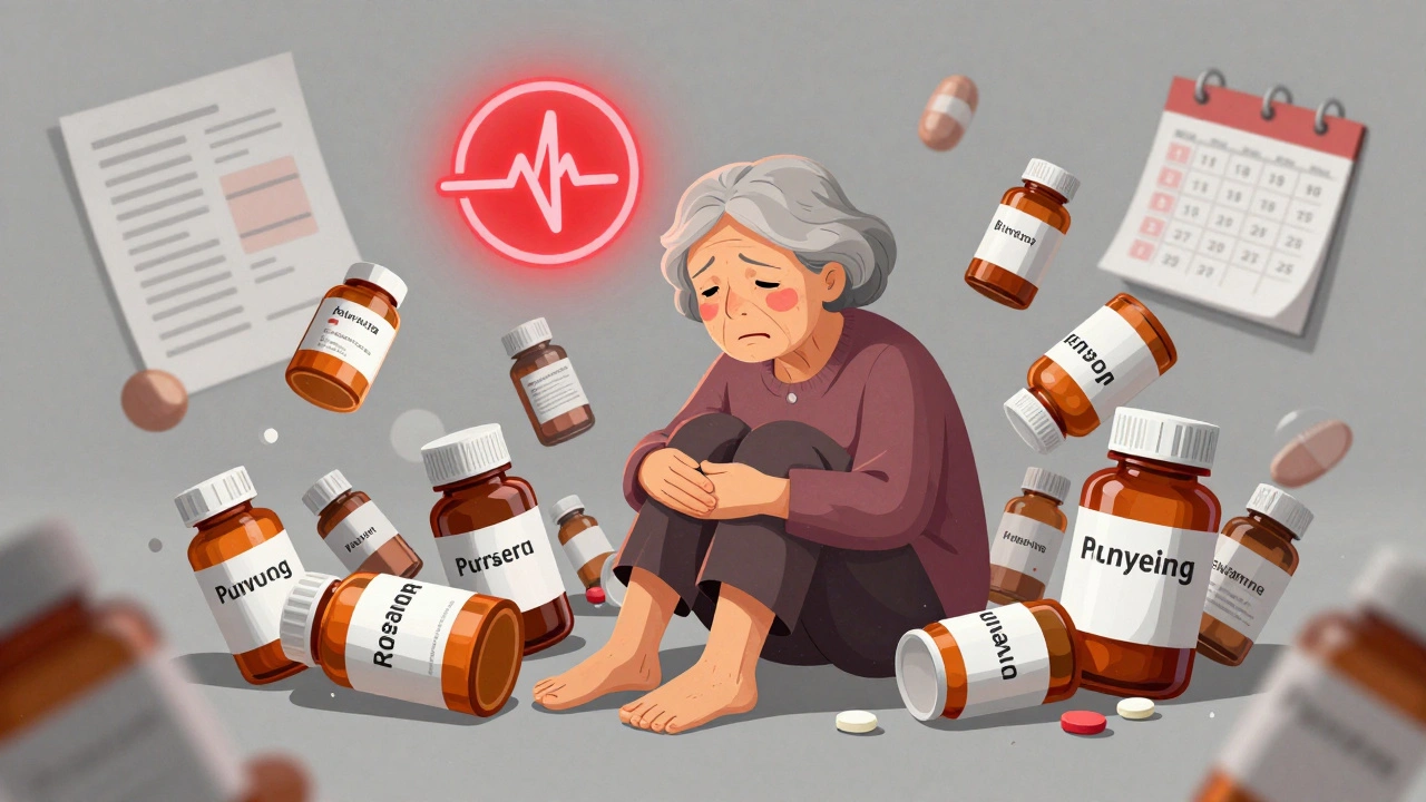 Elderly woman overwhelmed by multiple medications, showing signs of liver and kidney distress.