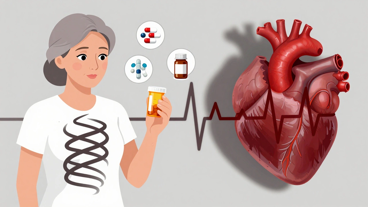 Elderly woman with a spiraling dangerous heart rhythm emerging from her chest, surrounded by risk factors.