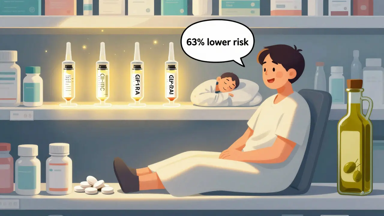 GLP-1 medications glowing above metformin on a shelf, casting shadows of healthy habits.