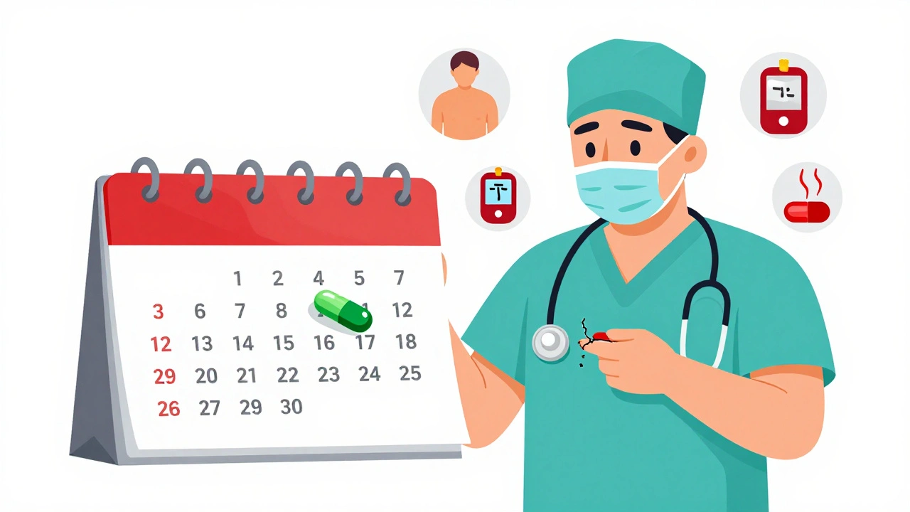Medical calendar showing delayed sirolimus start on day 7 as safer for high-risk patients with BMI and diabetes.