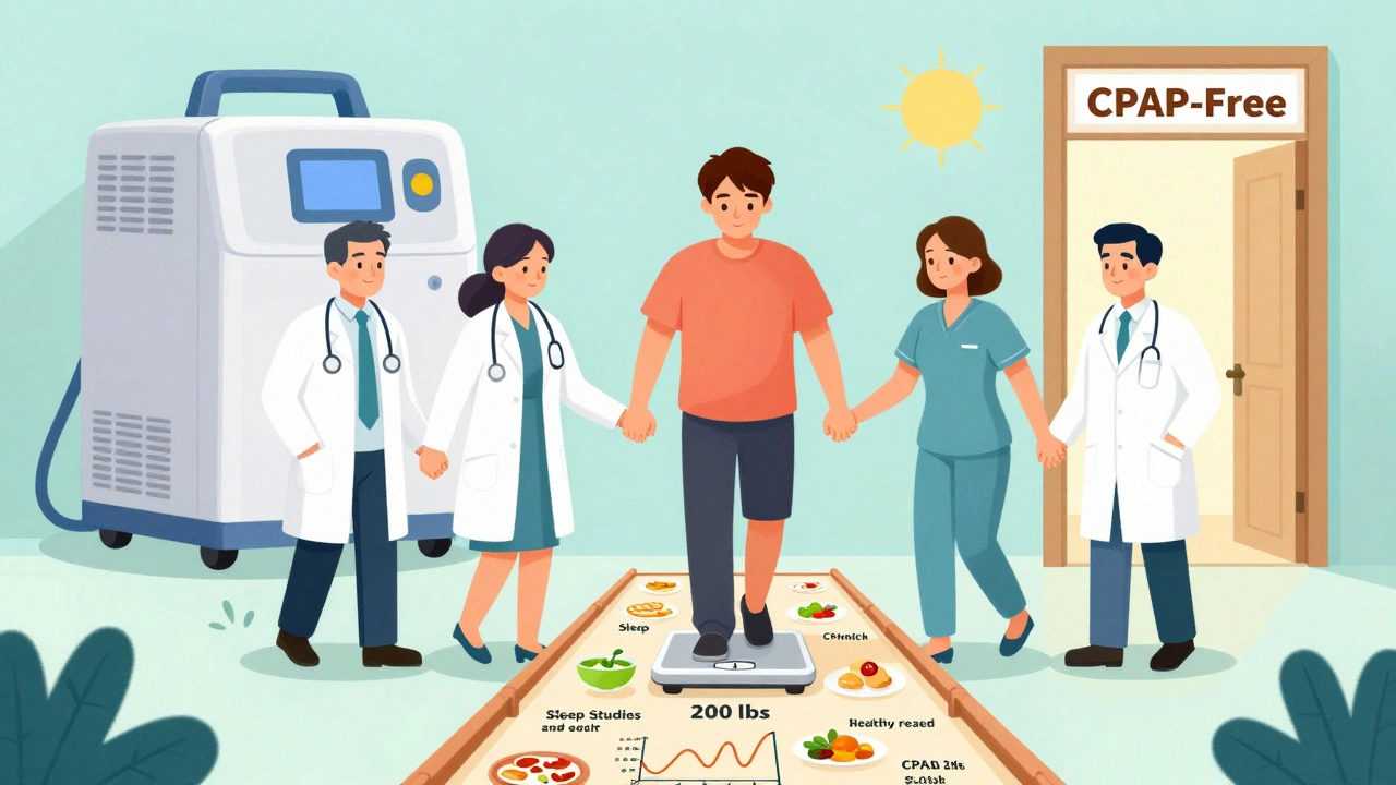 Medical team guiding patient toward a CPAP-free future on a bridge of lifestyle changes.