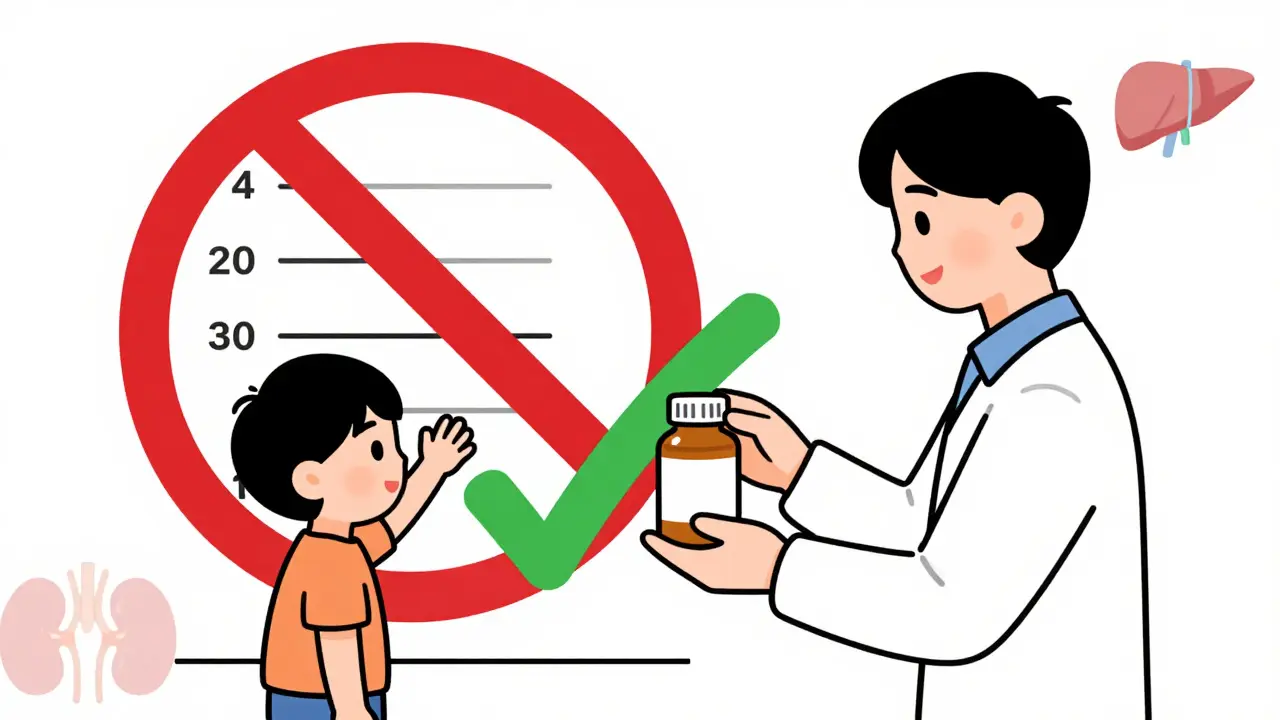 Parent comparing weight chart to medicine bottle while age-based dosing is marked with warning